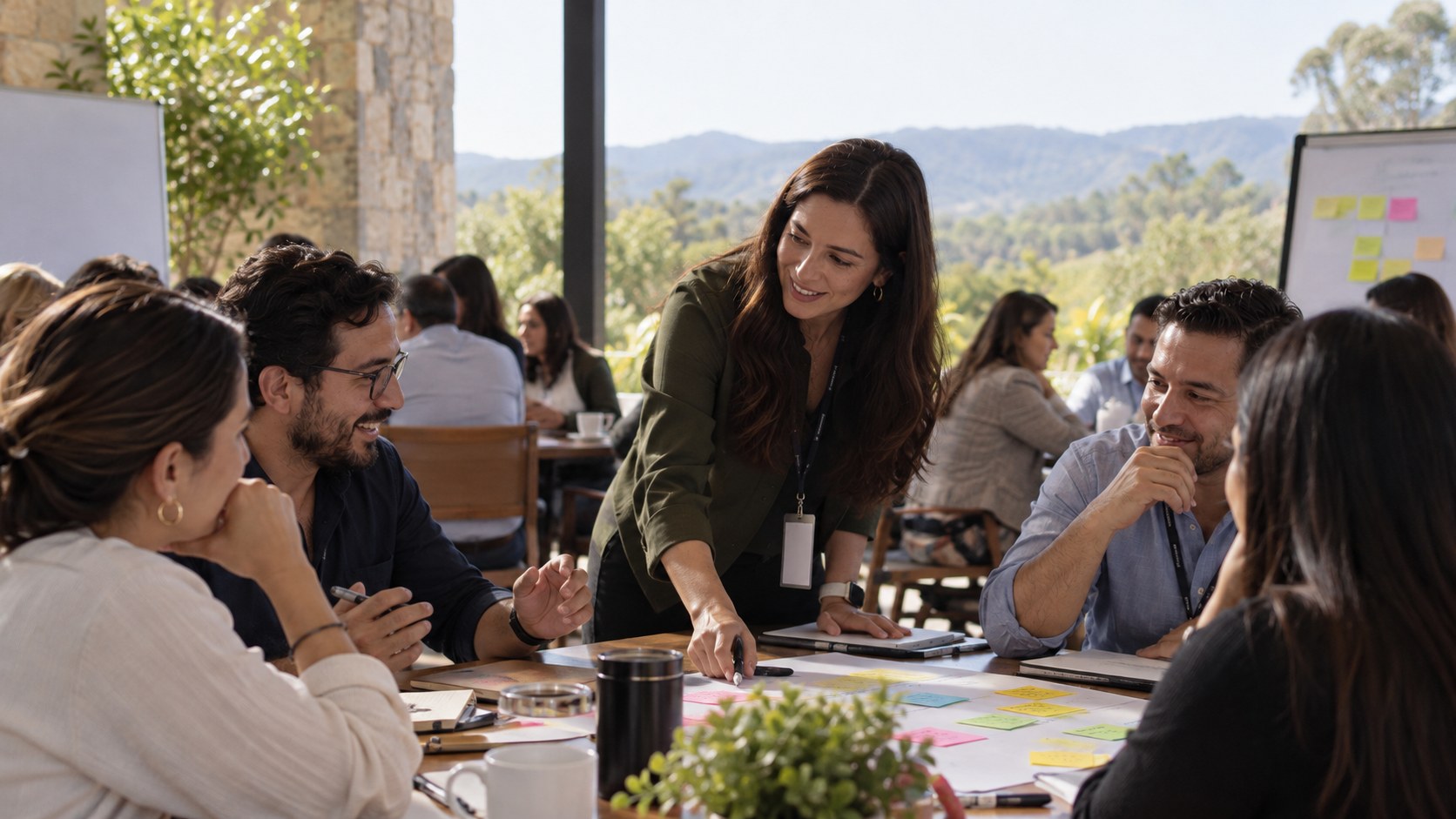 Equipo trabajando en mesas de trabajo colaborativas con post-its y vistas a la montaña
